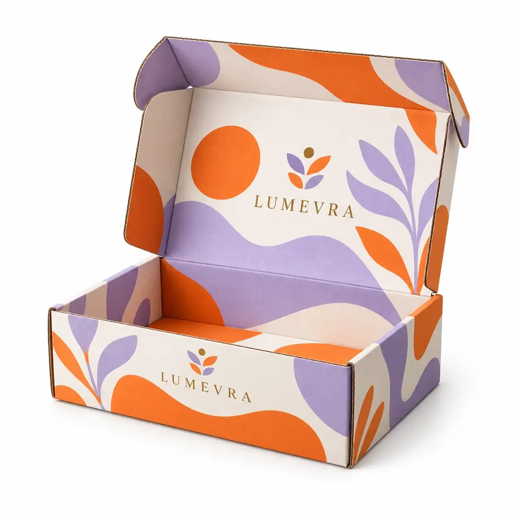 tangerine and lilac wide hinged corrugated mailer with LUMEVRA logo printing on a white background