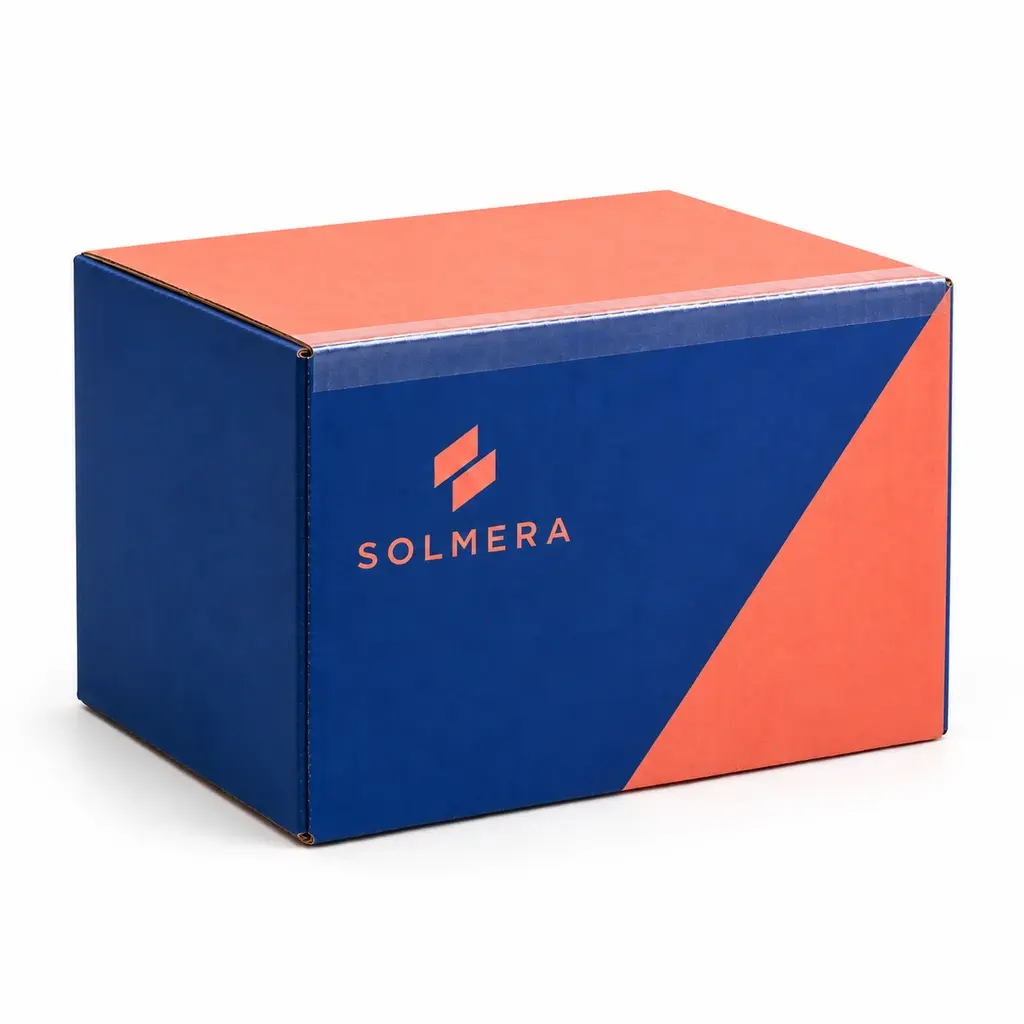 royal blue and coral full-overlap corrugated shipping carton with SOLMERA logo printing on a white background
