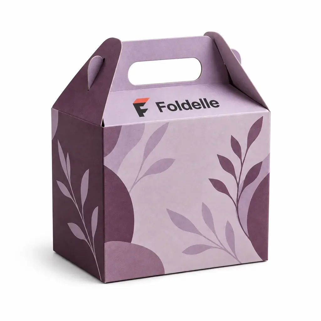 lavender and plum gable-top carton with carry handle with Foldelle logo printing on a white background