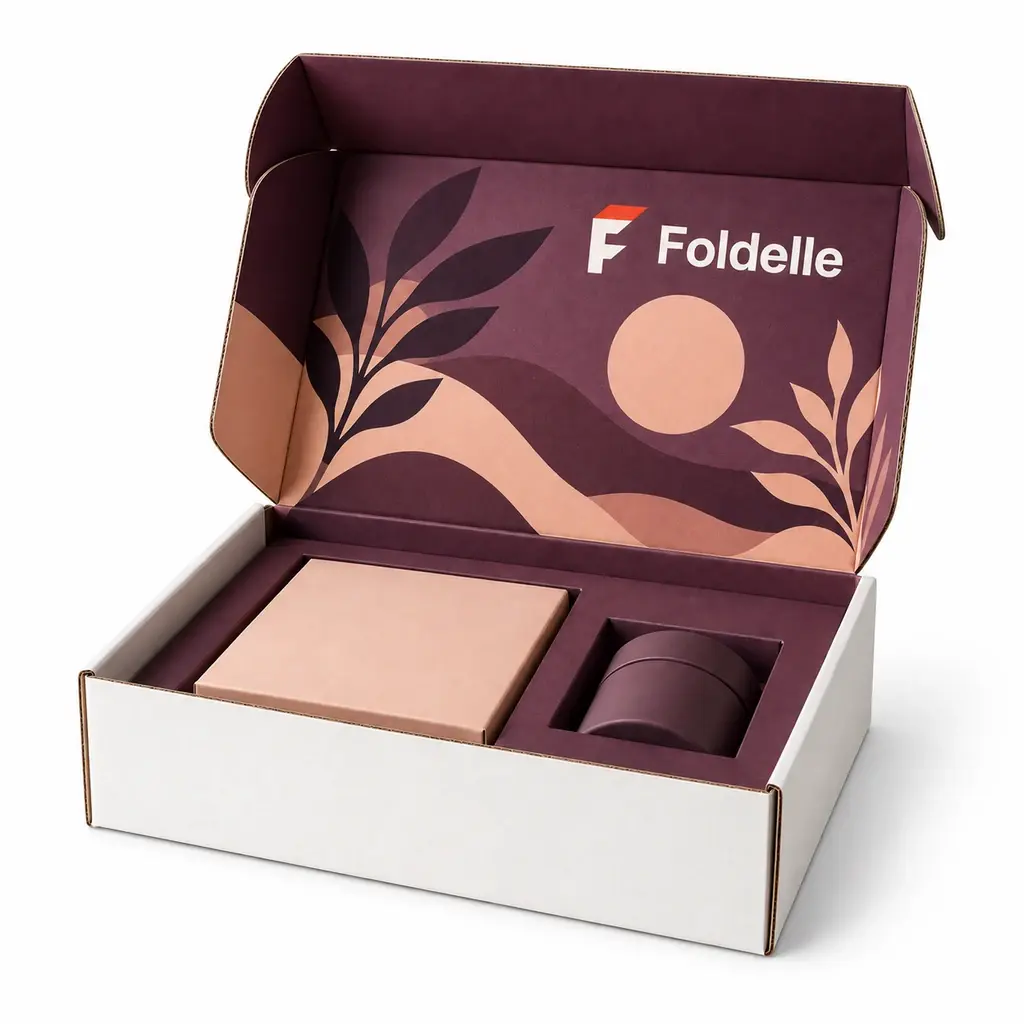 plum and peach square hinged mailer with interior reveal with Foldelle logo printing on a white background