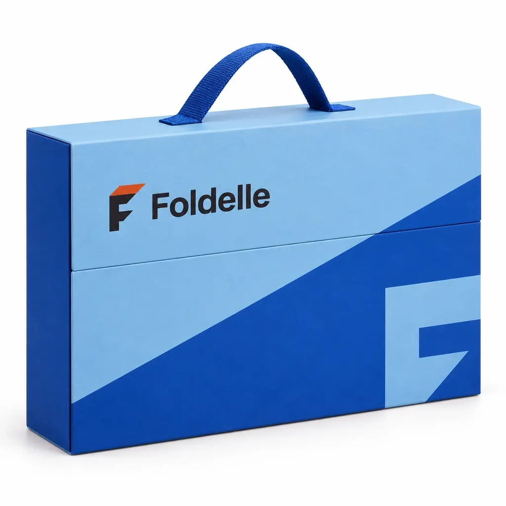 sky blue and royal blue suitcase-style magnetic presentation box with Foldelle logo printing on a white background
