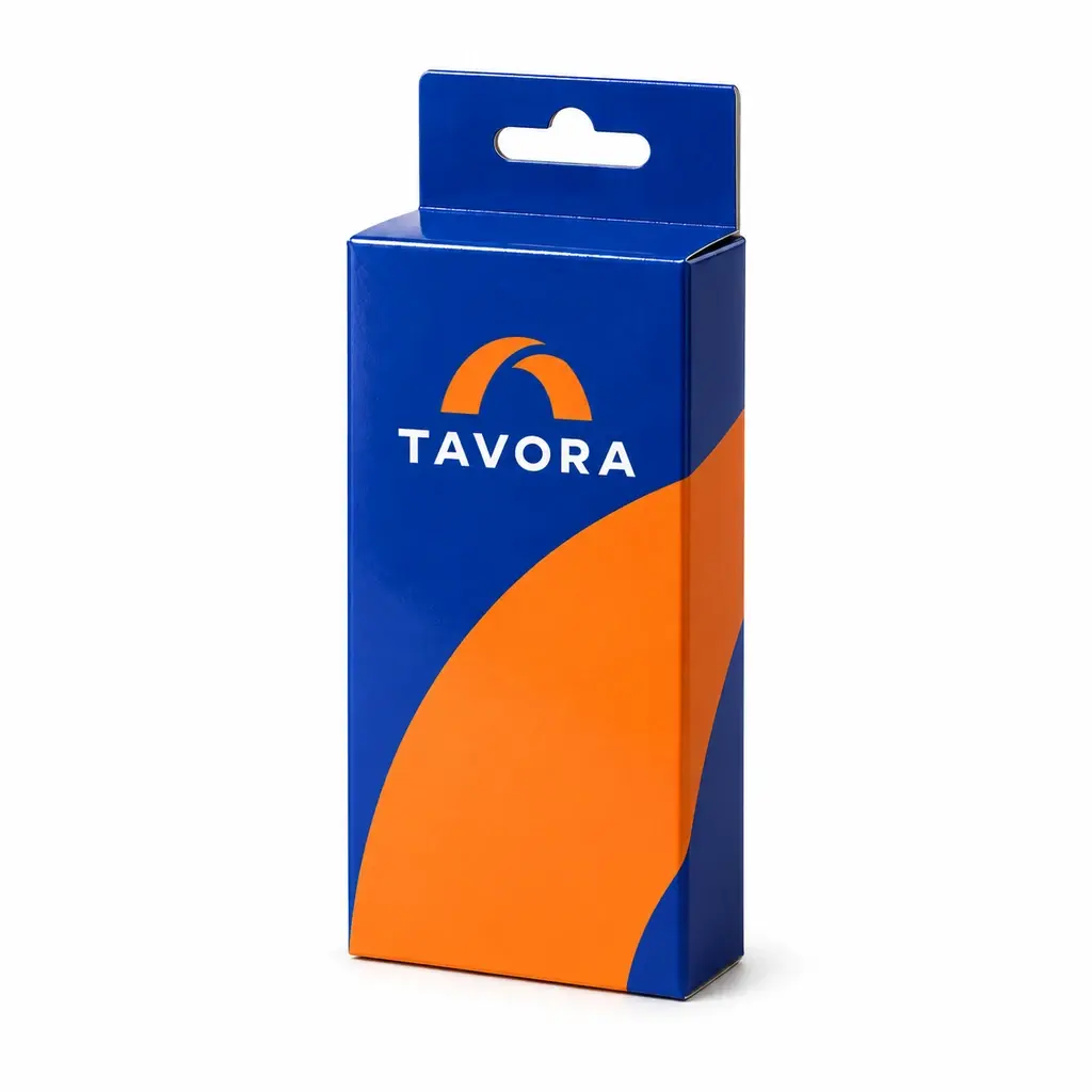 cobalt and orange slim carton with retail hanging tab with TAVORA logo printing on a white background