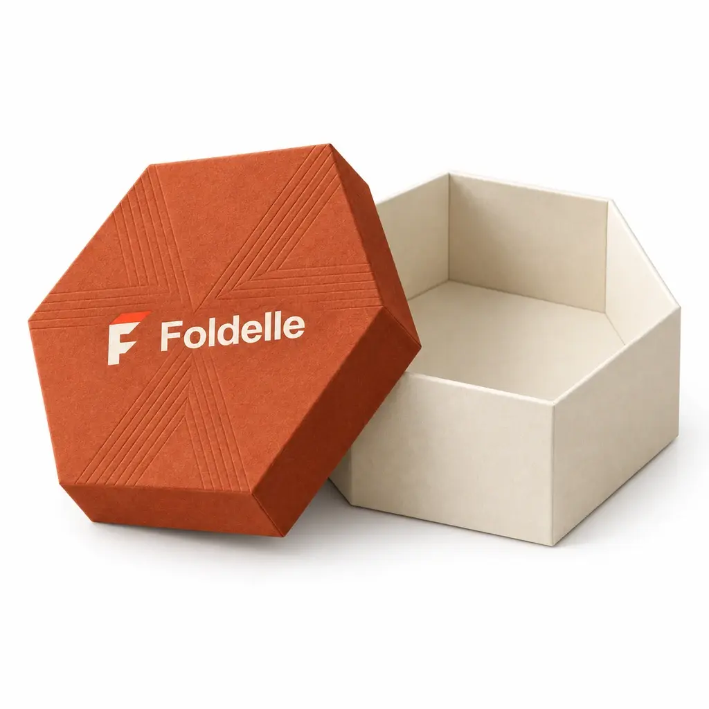 terracotta and cream six-sided lid-and-base box with Foldelle logo printing on a white background