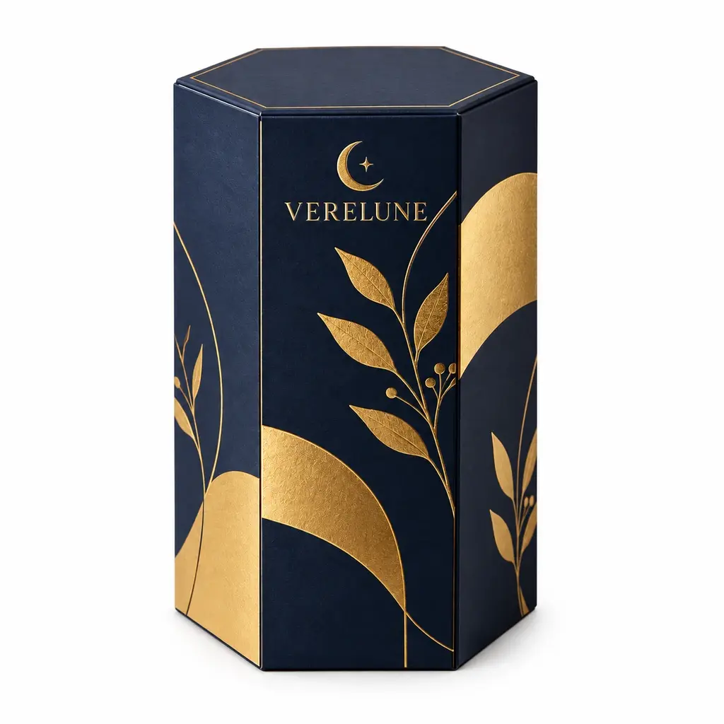 navy and gold tall six-sided folding carton with VERELUNE logo printing on a white background