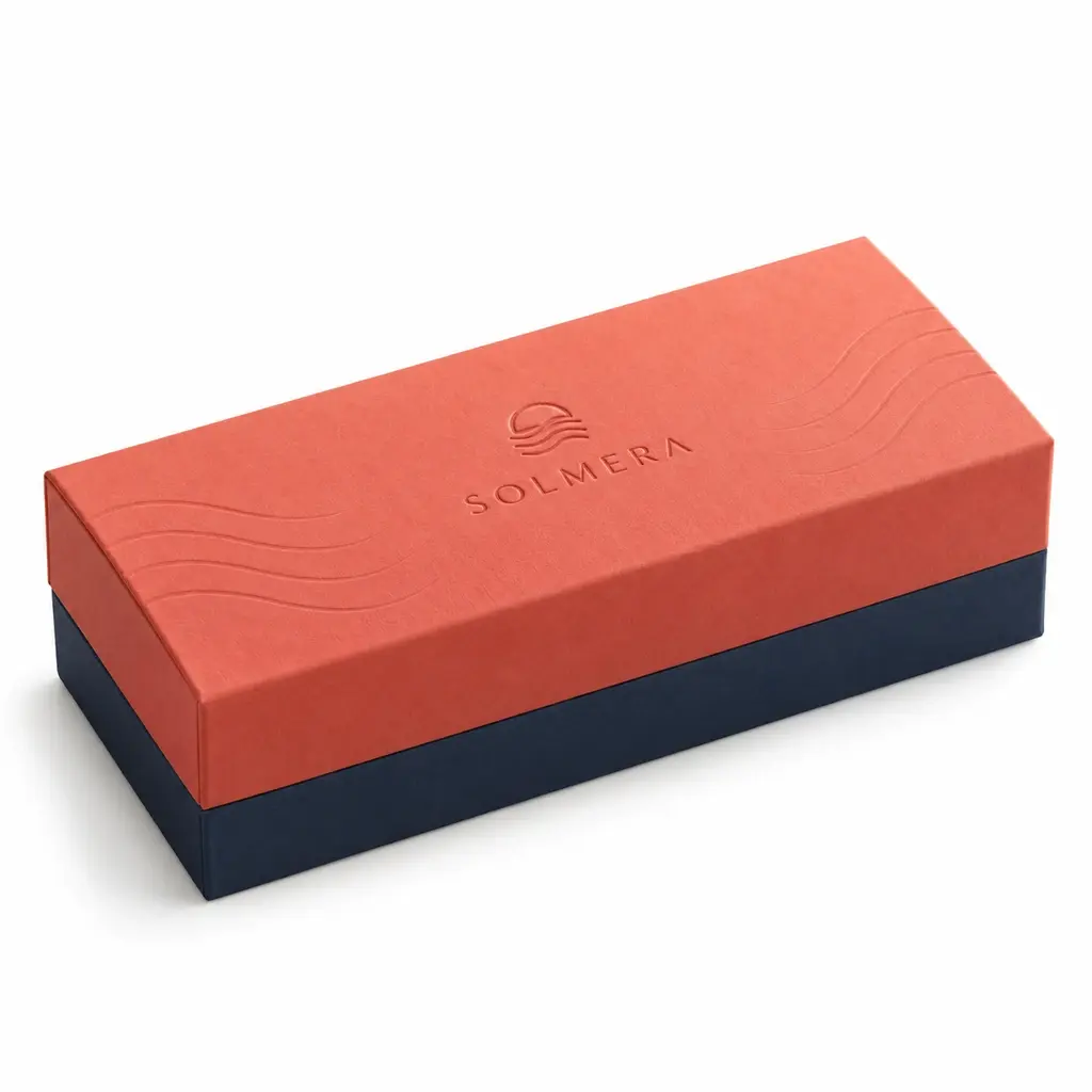 coral and dark navy rectangular hinged clamshell rigid case with SOLMERA logo printing on a white background