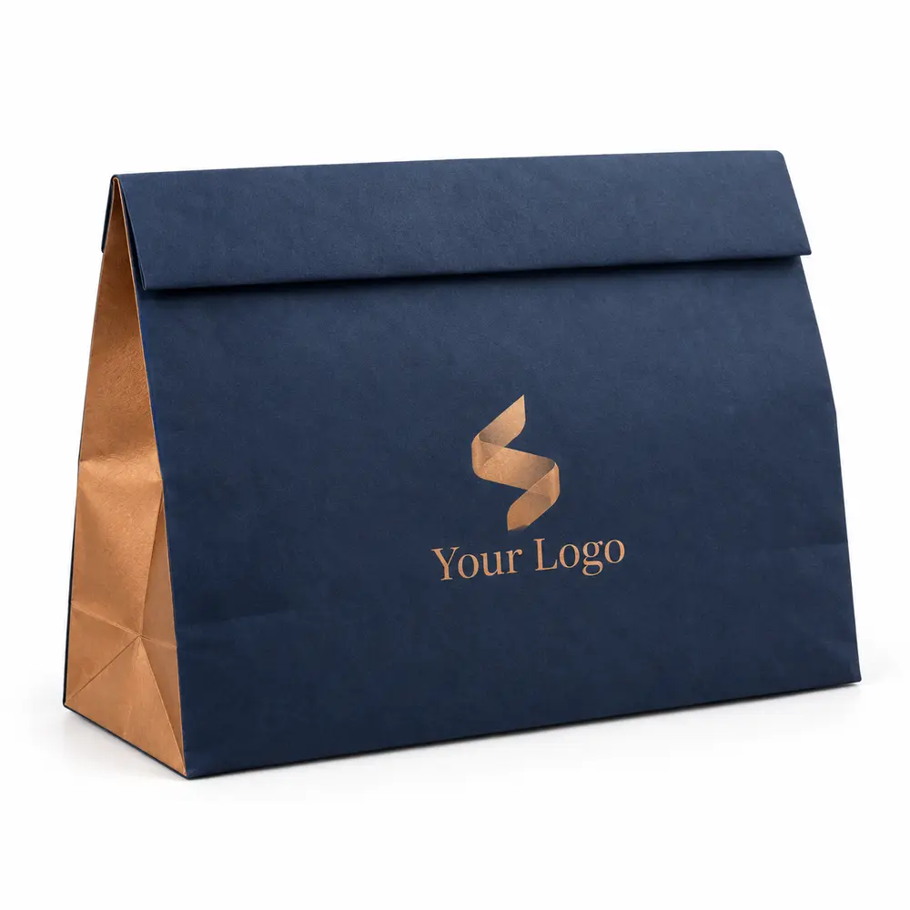 navy with copper accents fold-top paper bags with Your Logo logo printing on a white background