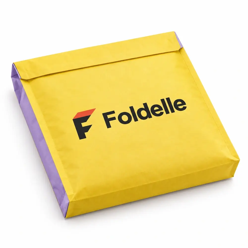 lemon yellow with lilac accents paper dispatch bags with Foldelle logo printing on a white background