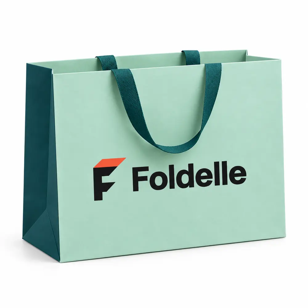 seafoam with deep teal accents ribbon-handle gift bags with Foldelle logo printing on a white background