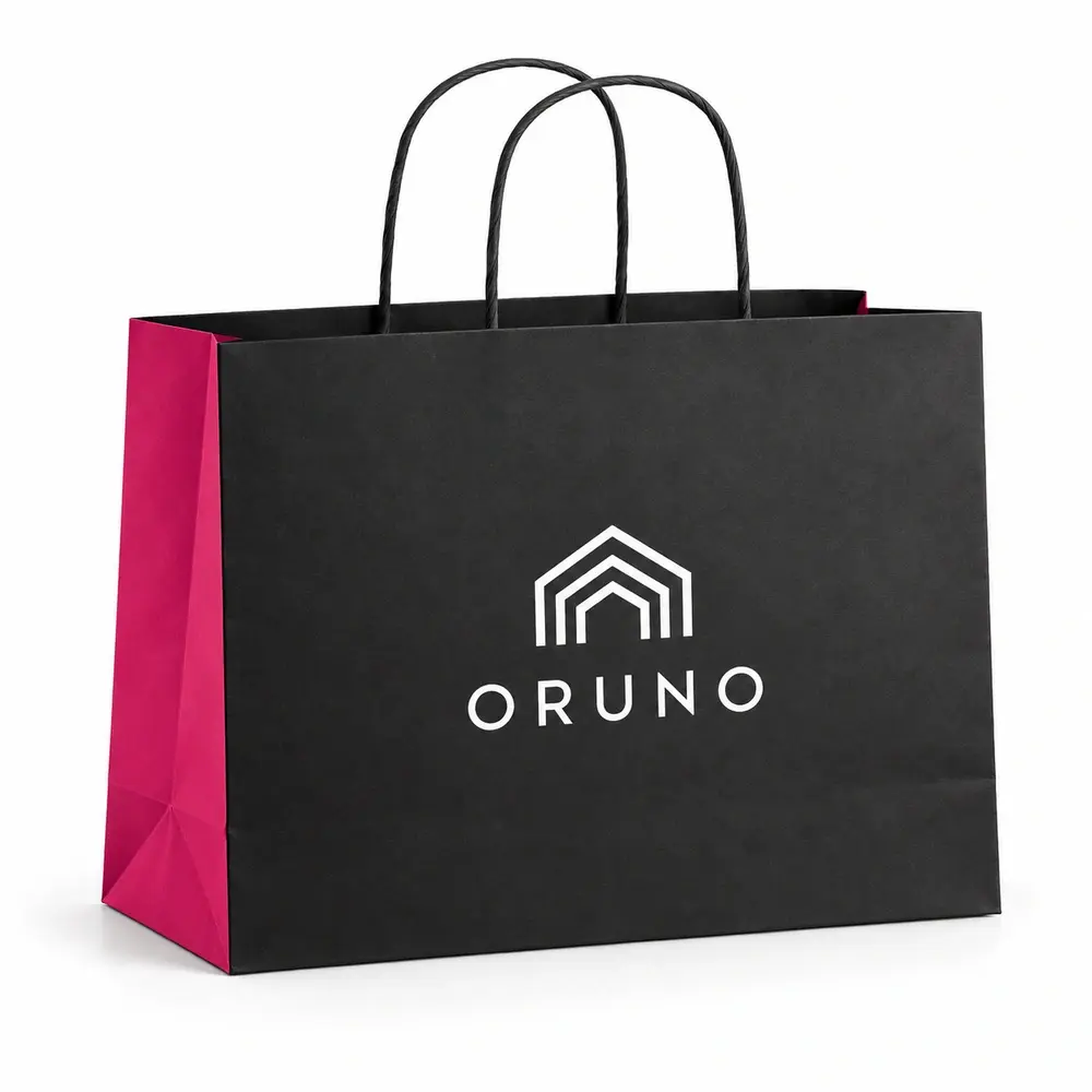 black with fuchsia accents twisted-paper handle bags with ORUNO logo printing on a white background