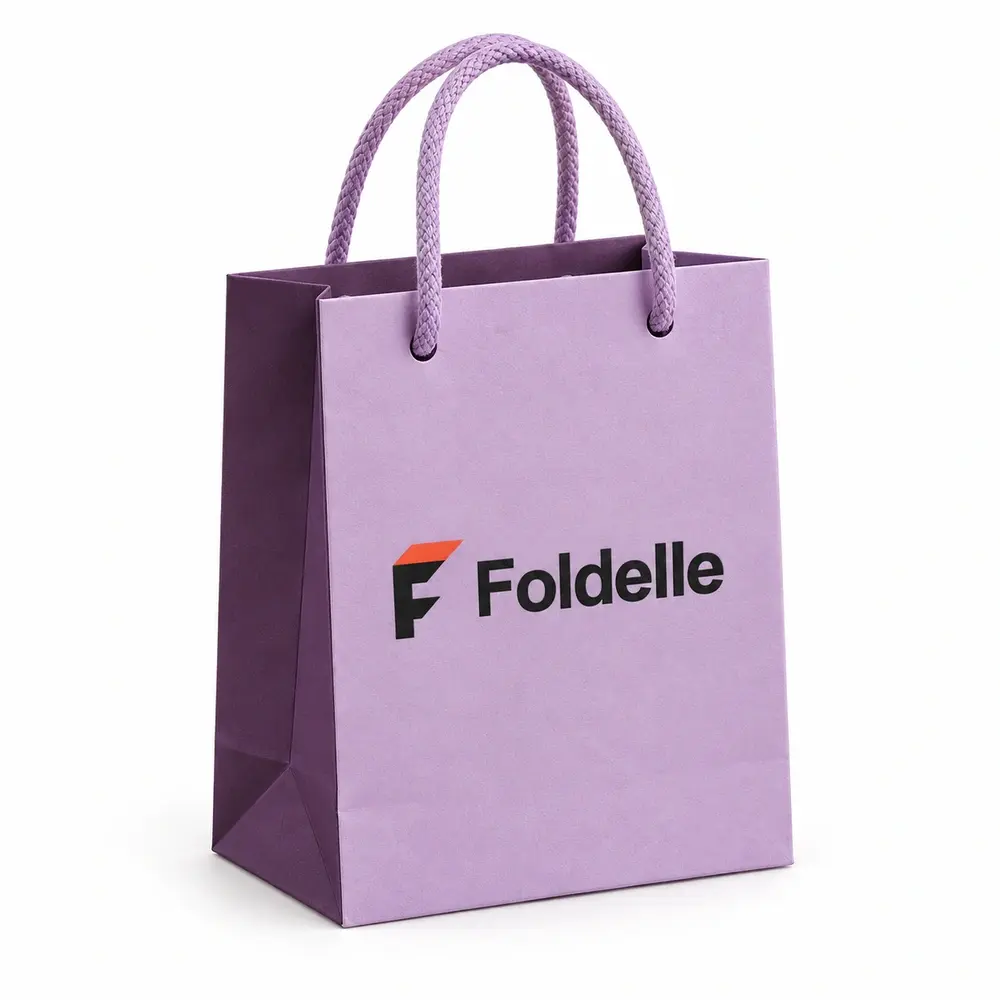 powder lilac with aubergine accents cotton-cord shopping bags with Foldelle logo printing on a white background