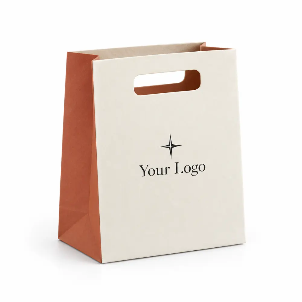 ivory with terracotta accents die-cut handle bags with Your Logo logo printing on a white background