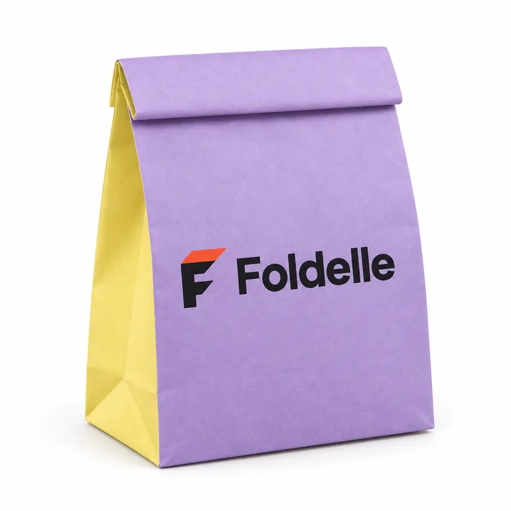 lavender with lemon yellow accents fold-top paper bags with Foldelle logo printing on a white background