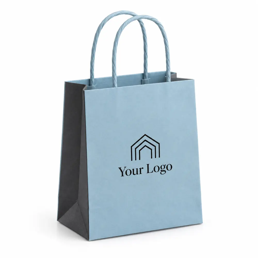 glacier blue with charcoal accents twisted-paper handle bags with Your Logo logo printing on a white background