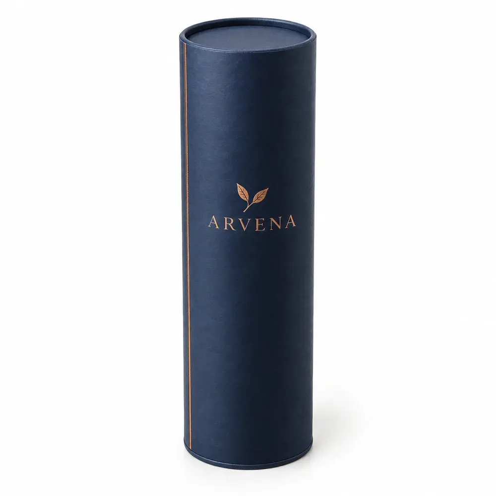 navy with copper accents paper end-cap tubes with ARVENA logo printing on a white background