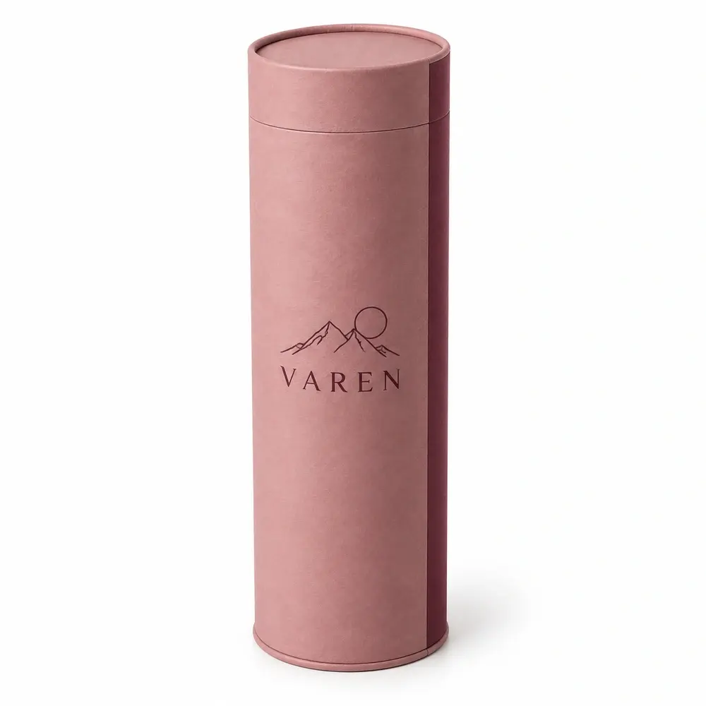 dusty rose with burgundy accents rolled-edge gift tubes with VAREN logo printing on a white background