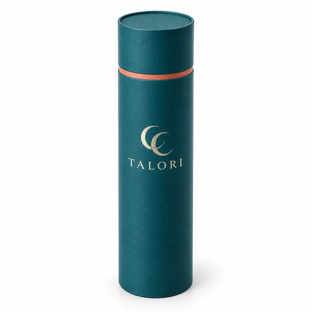 kingfisher teal with coral accents shoulder paper tubes with TALORI logo printing on a white background