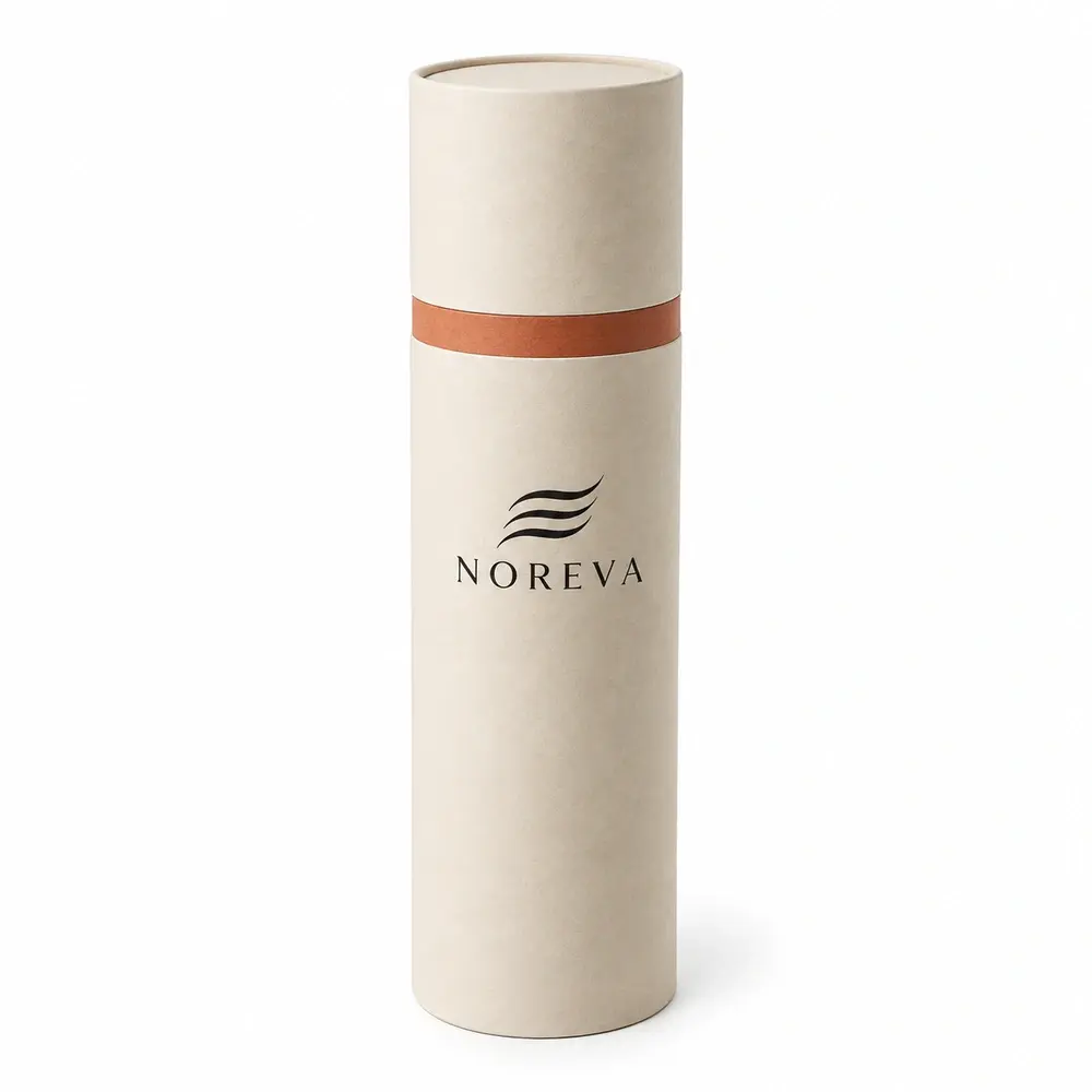 ivory with terracotta accents telescopic paper tubes with NOREVA logo printing on a white background