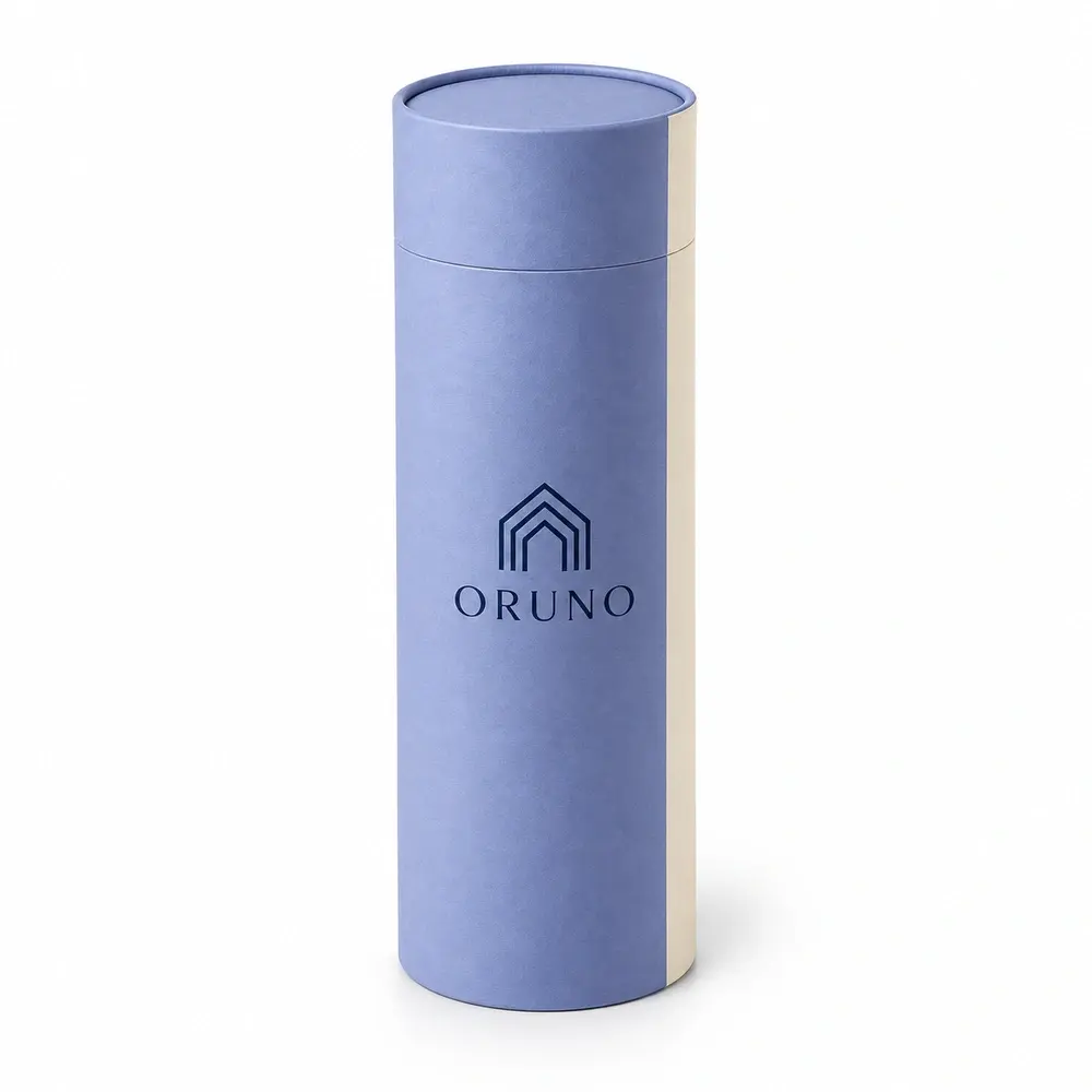 periwinkle with ivory accents two-piece paper tubes with ORUNO logo printing on a white background