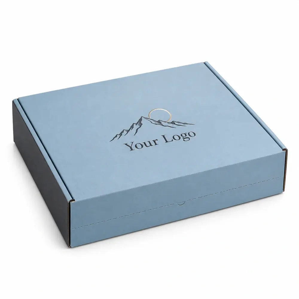 glacier blue with charcoal accents resealable mailer boxes with Your Logo logo printing on a white background
