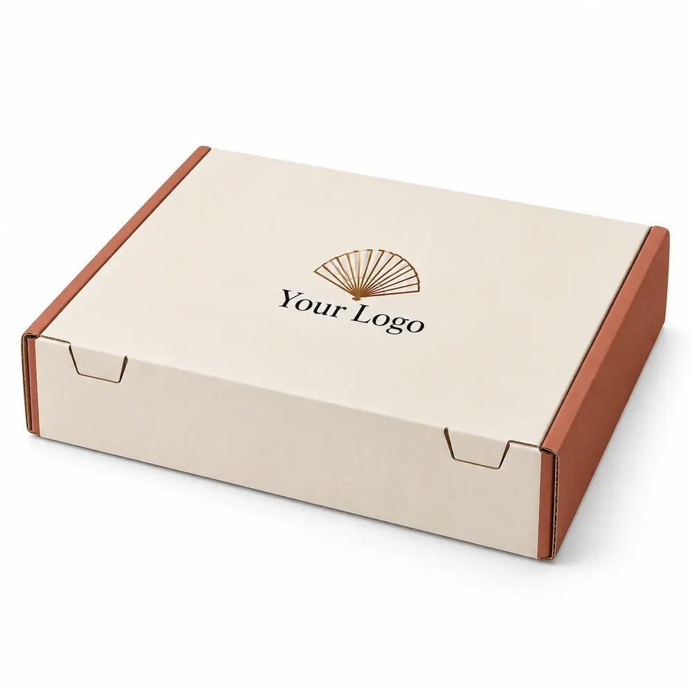 ivory with terracotta accents roll-end mailer boxes with Your Logo logo printing on a white background