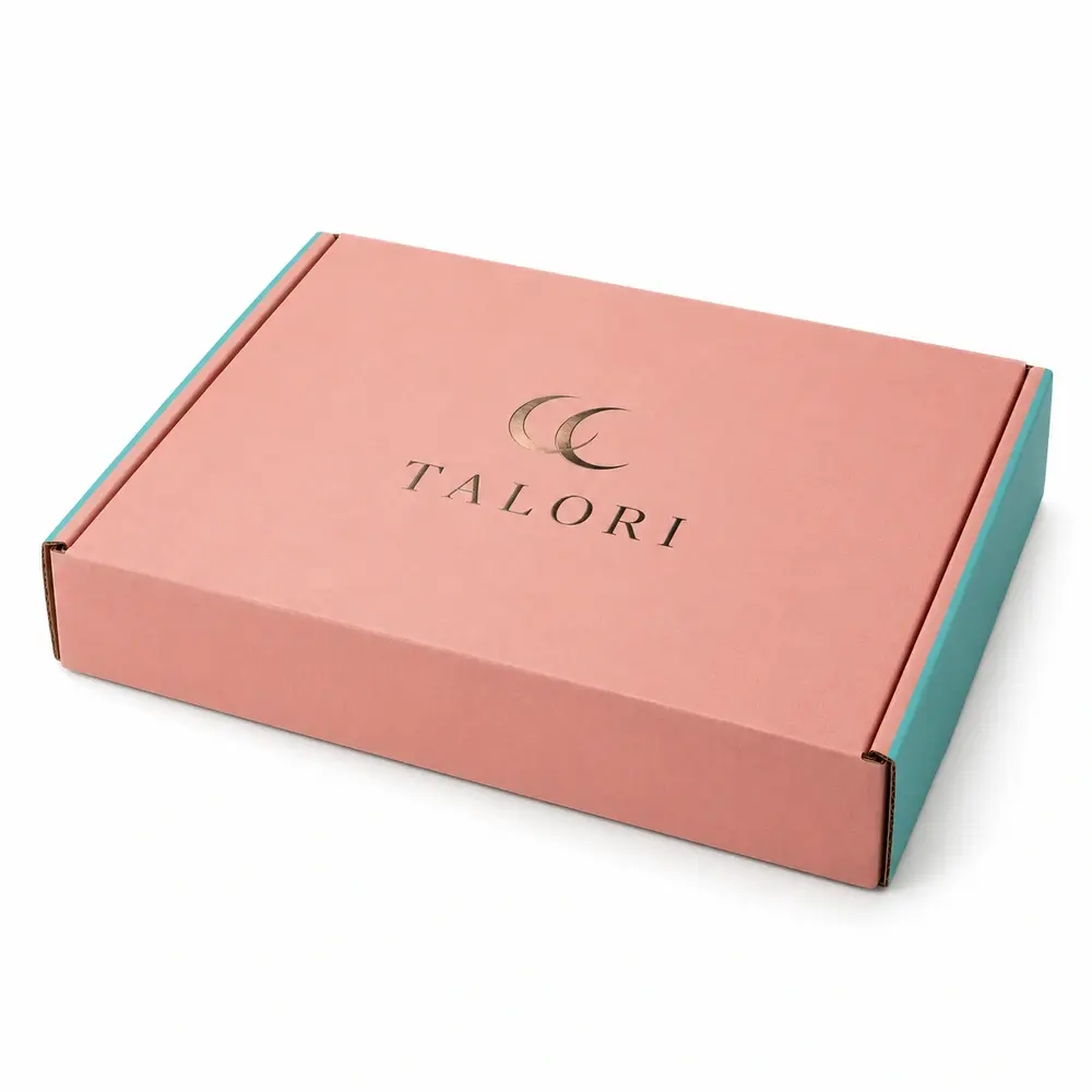 salmon pink with turquoise accents side-loading mailers with TALORI logo printing on a white background