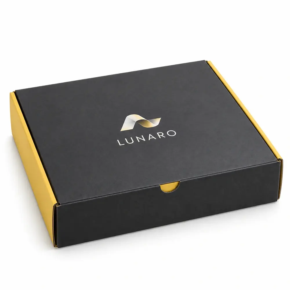 charcoal with lemon yellow accents tabbed subscription mailers with LUNARO logo printing on a white background