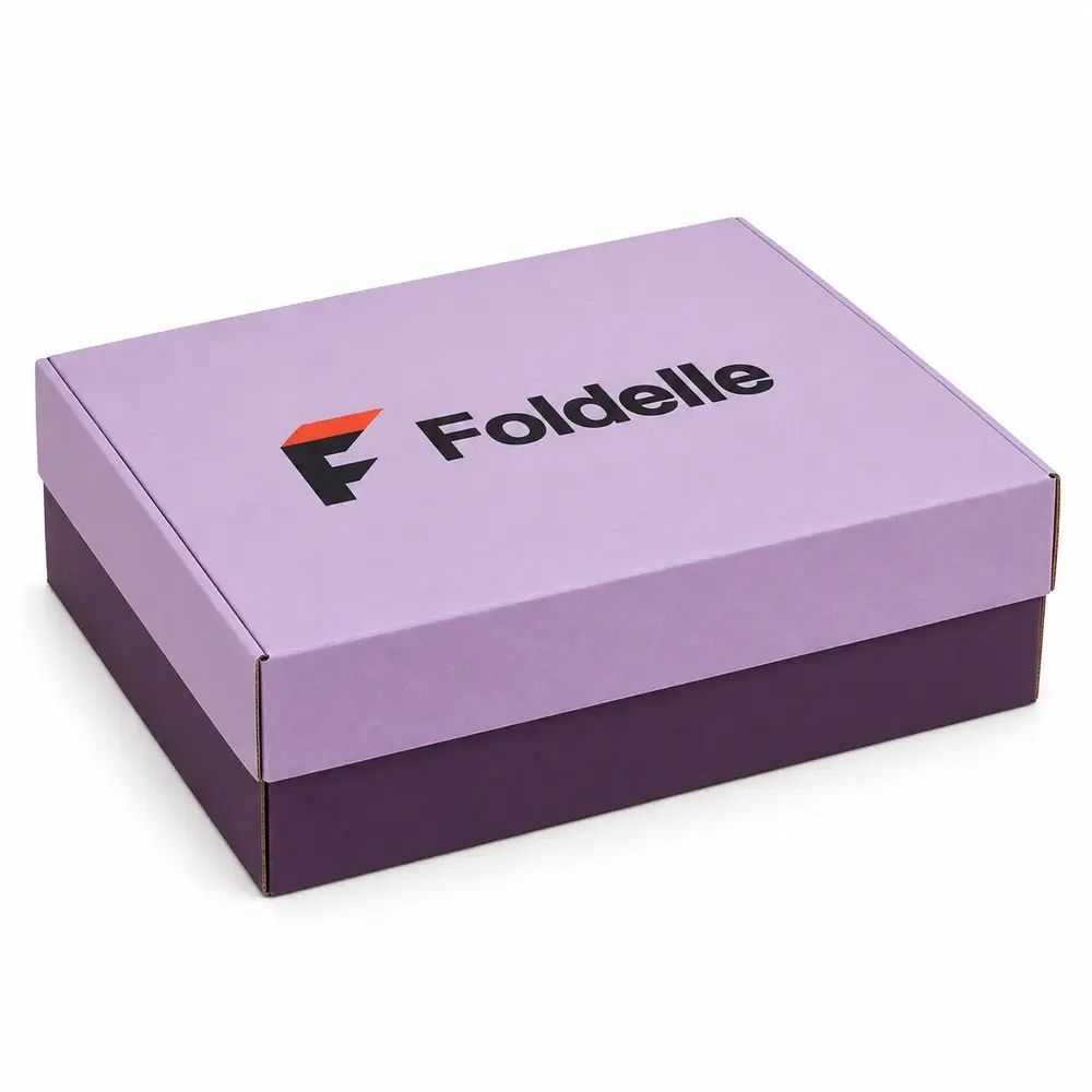 powder lilac with aubergine accents two-piece postal boxes with Foldelle logo printing on a white background