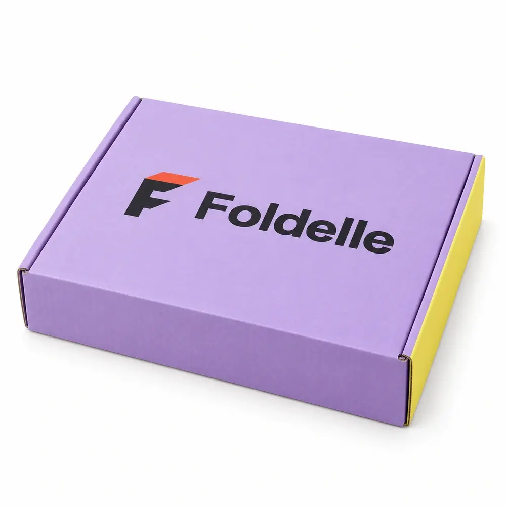 lavender with lemon yellow accents wraparound mailers with Foldelle logo printing on a white background