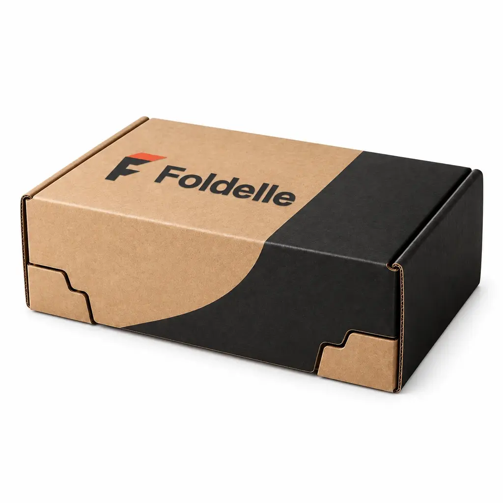 natural kraft and black rectangular roll-end front tuck mailer with Foldelle logo printing on a white background