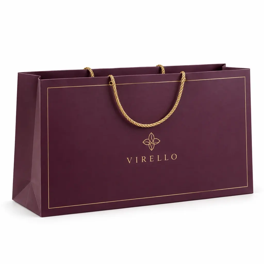 plum and gold extra-wide landscape cord-handle paper bag with VIRELLO logo printing on a white background