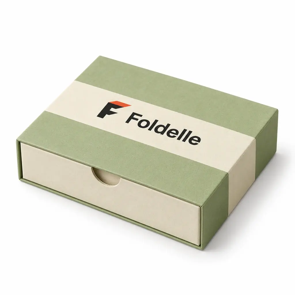 pistachio and cream small rigid matchbox sleeve and sliding tray with Foldelle logo printing on a white background