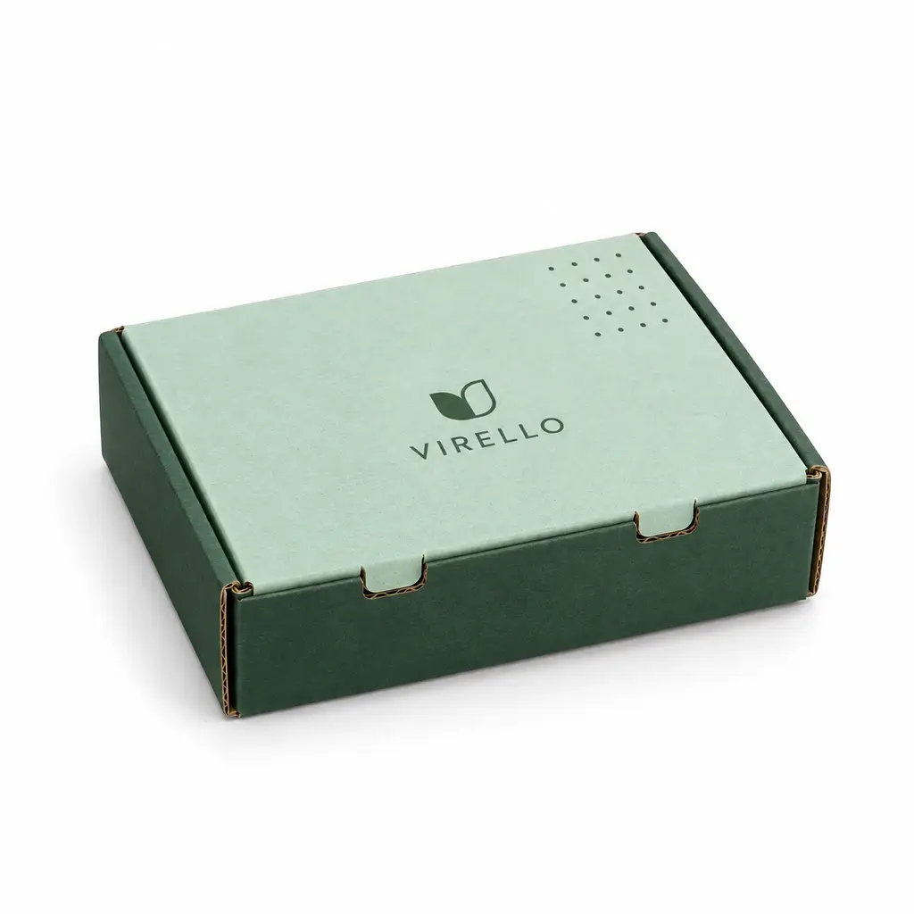 seafoam and forest green small roll-end corrugated accessory mailer with VIRELLO logo printing on a white background