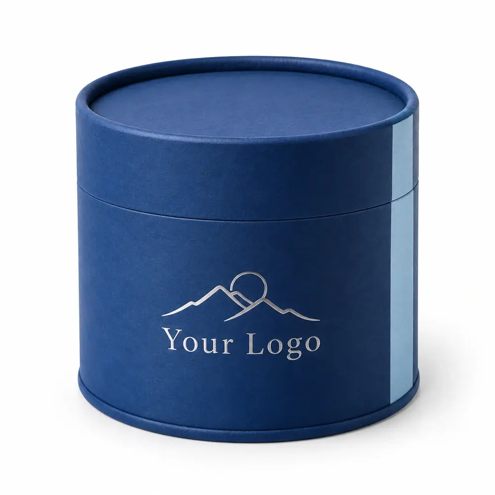 cobalt blue with ice blue accents rolled-edge gift tubes with Your Logo logo printing on a white background