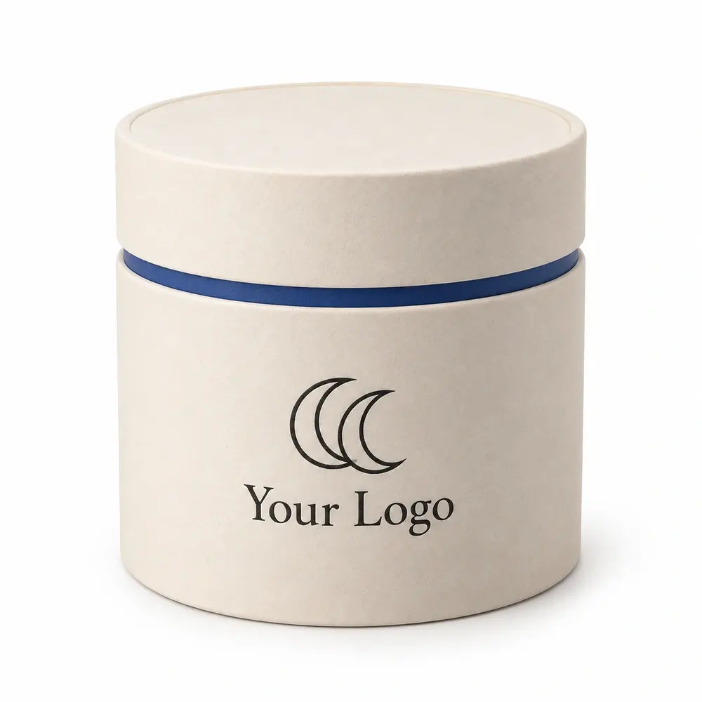 cream with royal blue accents shoulder paper tubes with Your Logo logo printing on a white background