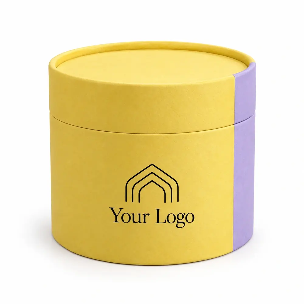 lemon yellow with lilac accents two-piece paper tubes with Your Logo logo printing on a white background