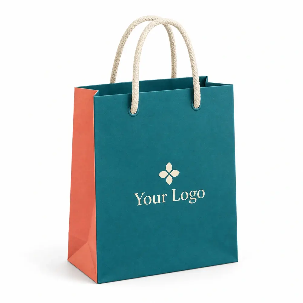 kingfisher teal with coral accents cotton-cord shopping bags with Your Logo logo printing on a white background