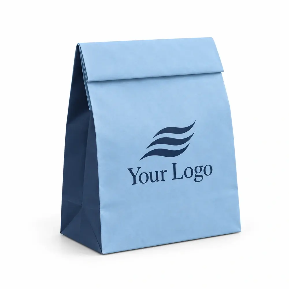 sky blue with navy accents fold-top paper bags with Your Logo logo printing on a white background