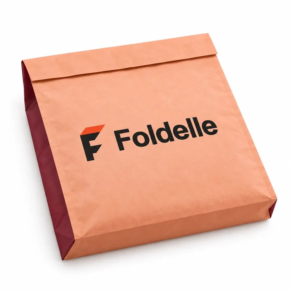 peach with burgundy accents paper dispatch bags with Foldelle logo printing on a white background