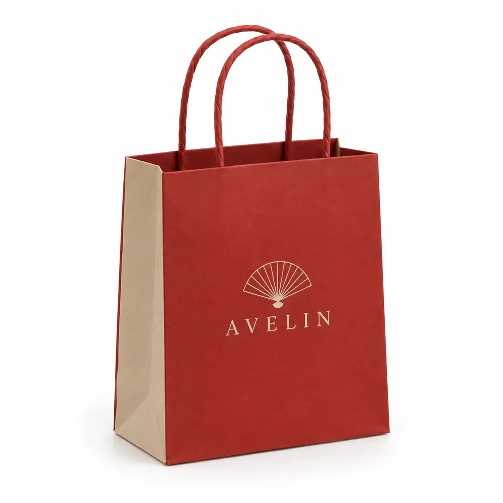 brick red with sand accents twisted-paper handle bags with AVELIN logo printing on a white background