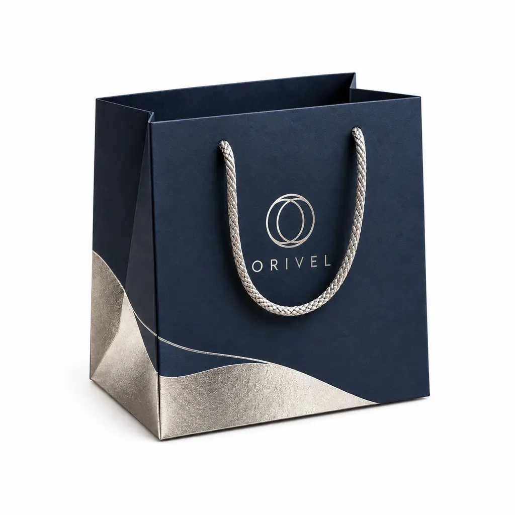 midnight blue and silver compact square boutique bag with ORIVEL logo printing on a white background