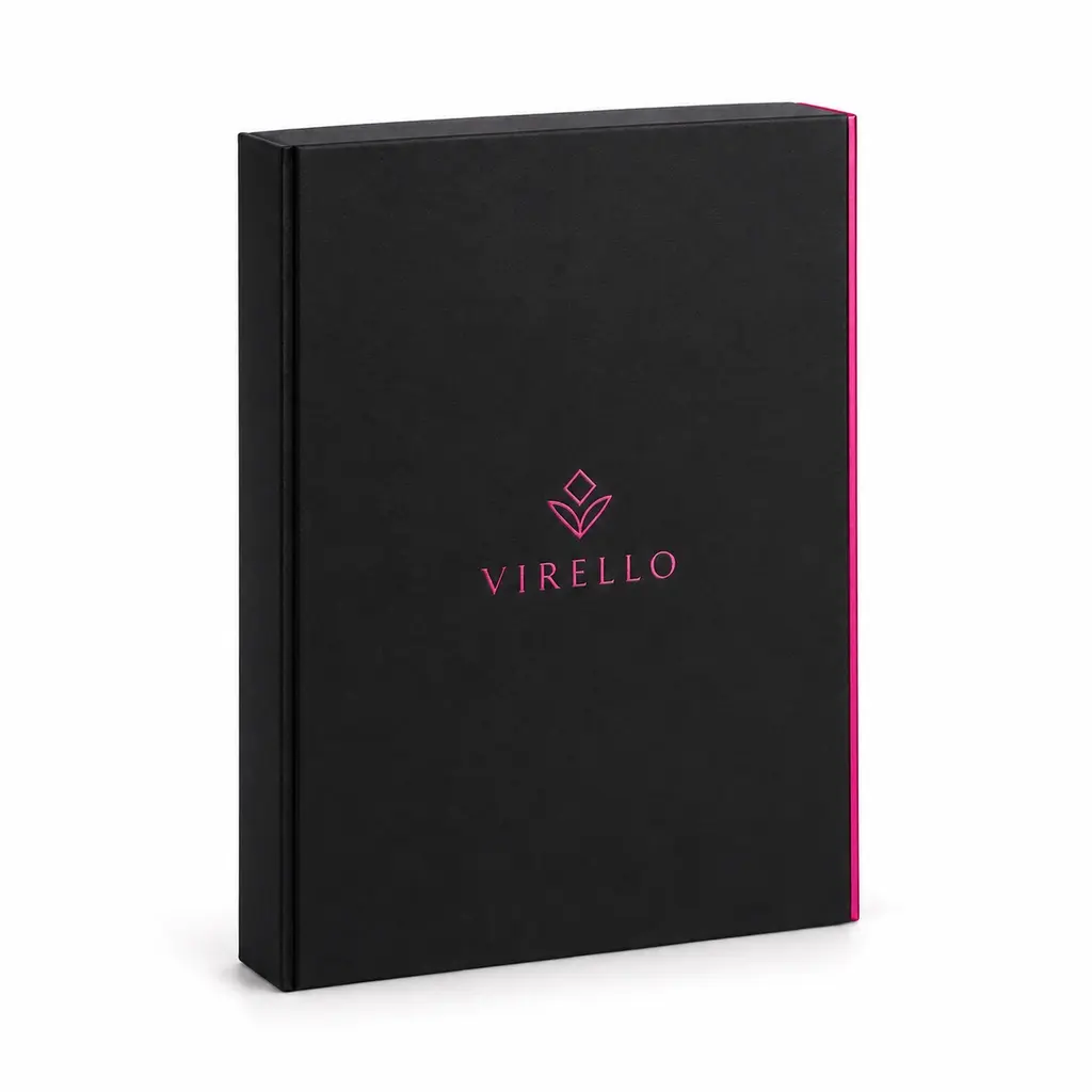 black and fuchsia flat portrait magnetic jewelry folio with VIRELLO logo printing on a white background