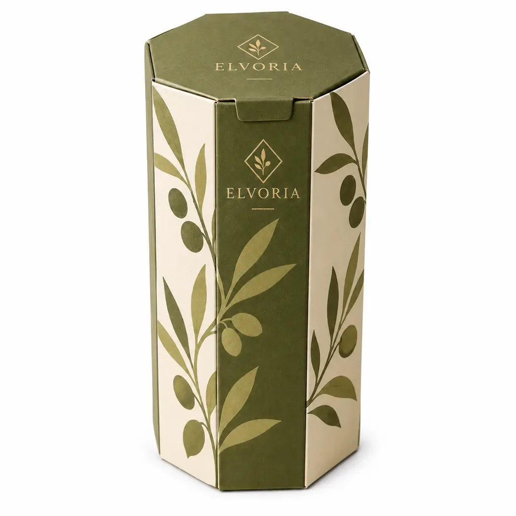 olive and cream tall eight-sided folding carton with ELVORIA logo printing on a white background