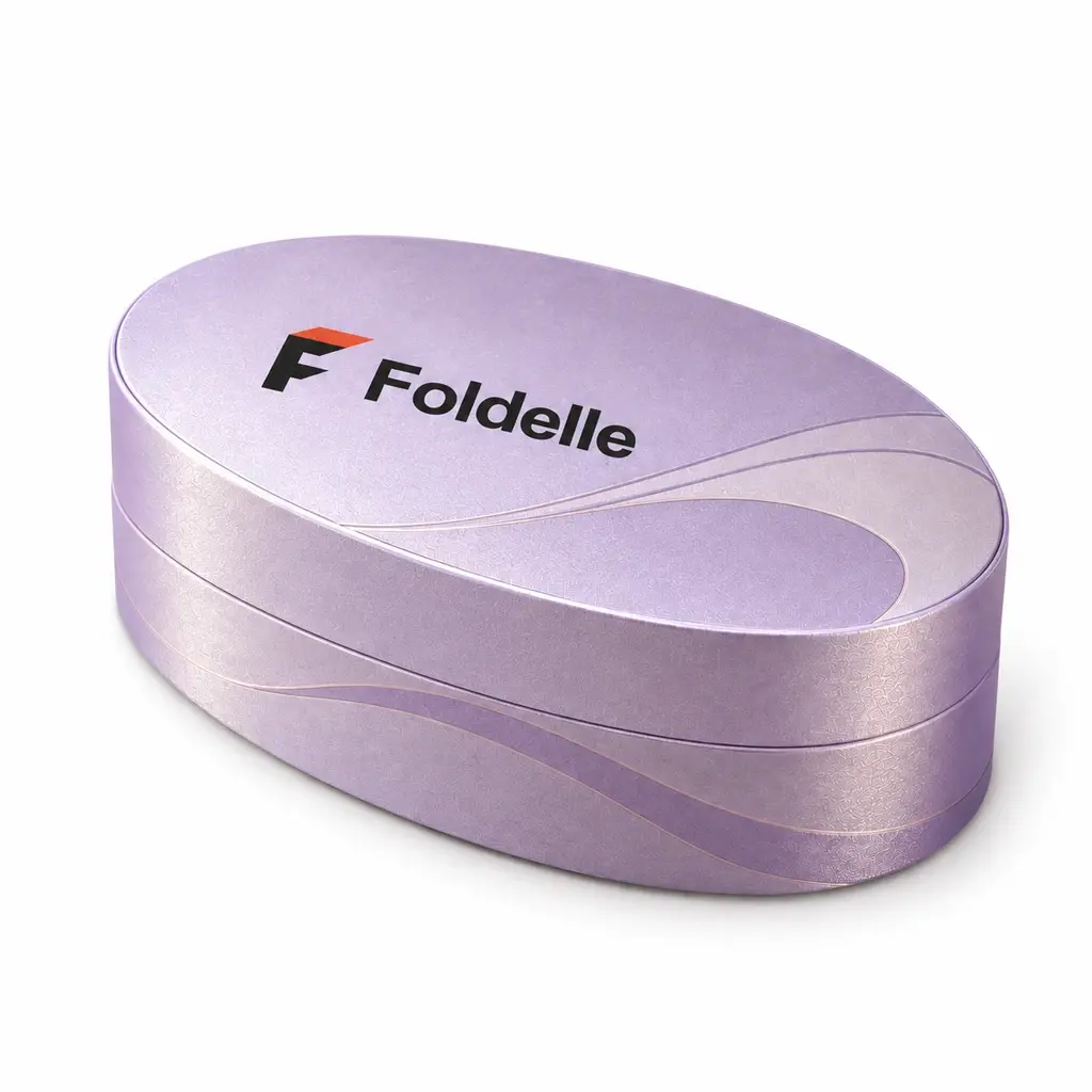 lavender and lilac oval two-piece rigid box with Foldelle logo printing on a white background