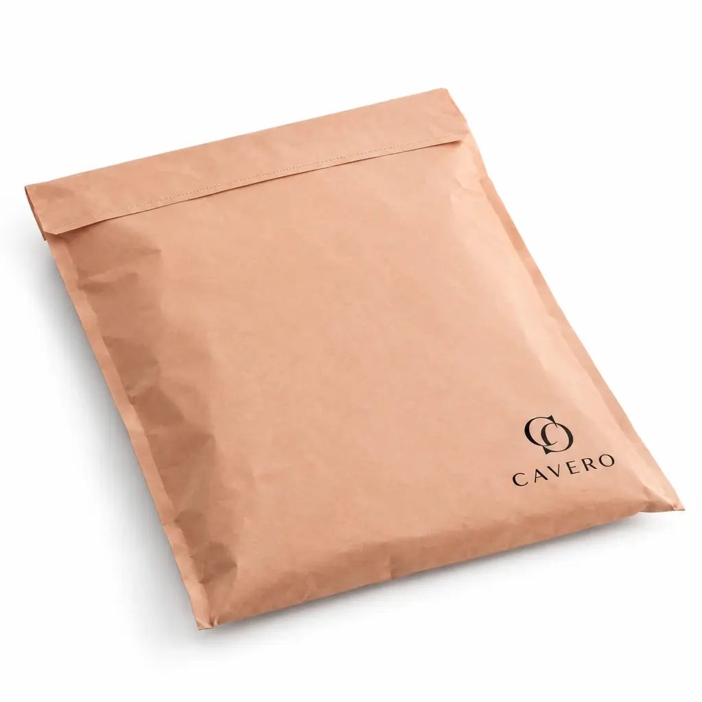 peach and black flat paper mailing bag with seal flap with CAVERO logo printing on a white background