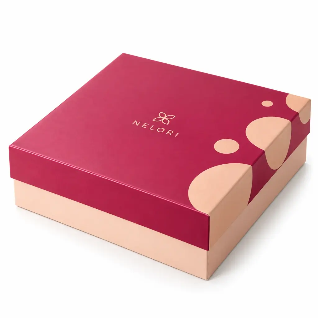 raspberry and pale peach square rigid confectionery box with fitted dividers with NELORI logo printing on a white background