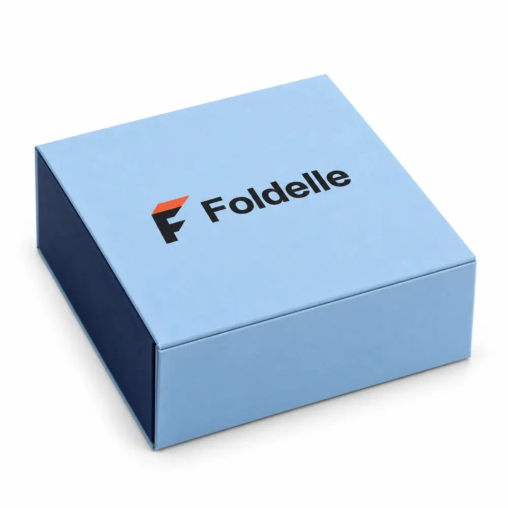 sky blue with navy accents collapsible magnetic boxes with Foldelle logo printing on a white background