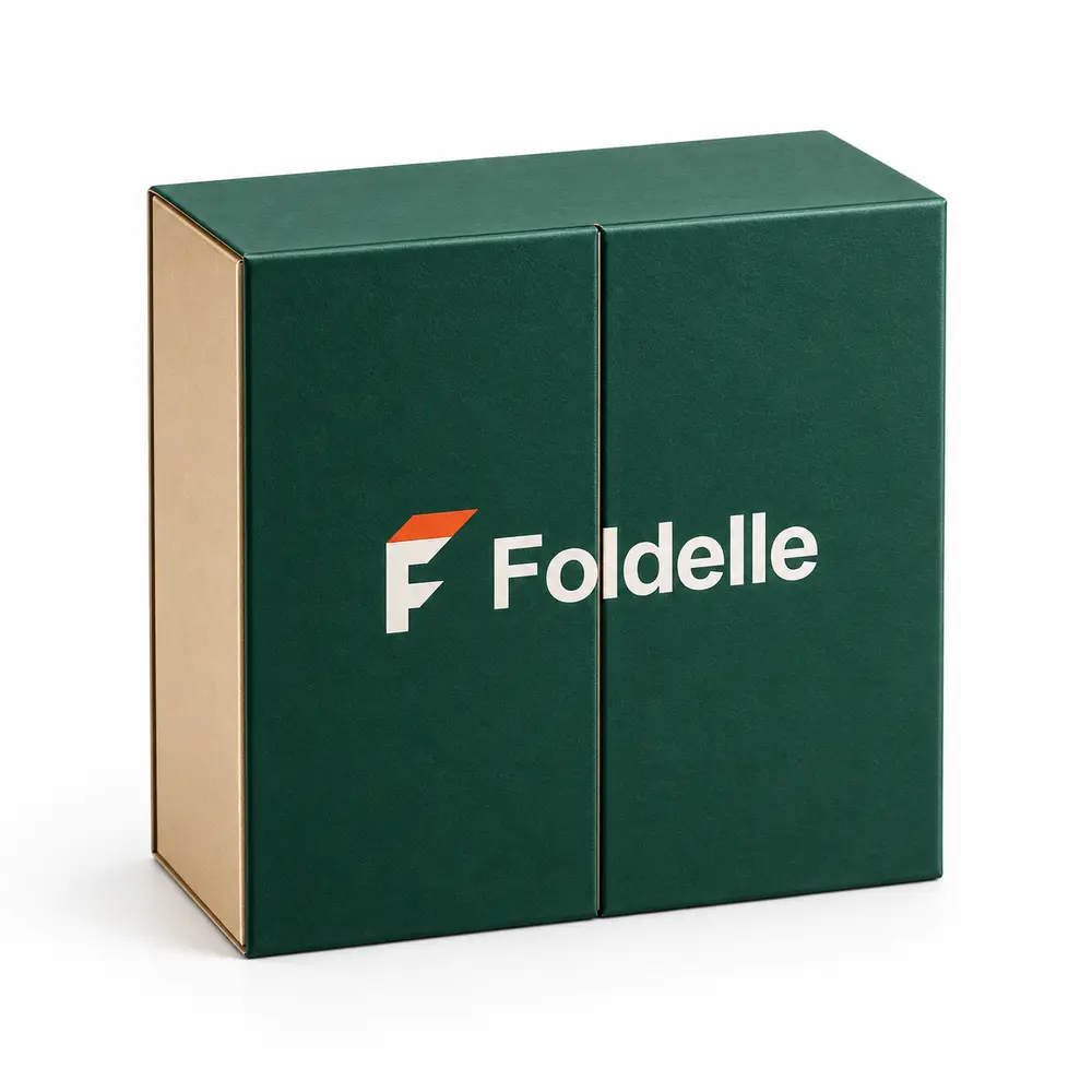 emerald with champagne accents double-door gift boxes with Foldelle logo printing on a white background