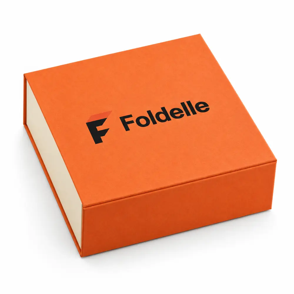 tangerine with cream accents magnetic book boxes with Foldelle logo printing on a white background