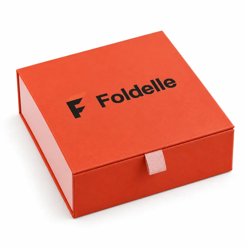 vermillion with pale pink accents ribbon magnetic presentation boxes with Foldelle logo printing on a white background