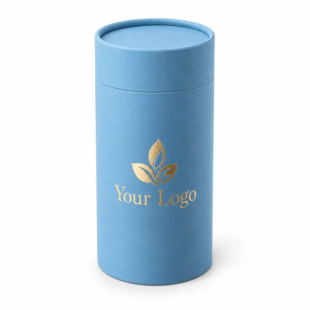 sky blue rolled-edge tube with Your Logo logo printing on a white background